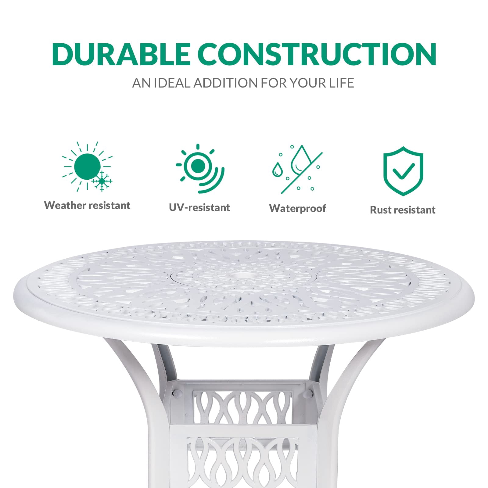 VIVIJASON 35.2" Outdoor Patio Dining Round Table White Cast Aluminum Rustic Large Patio Table with Umbrella Hole