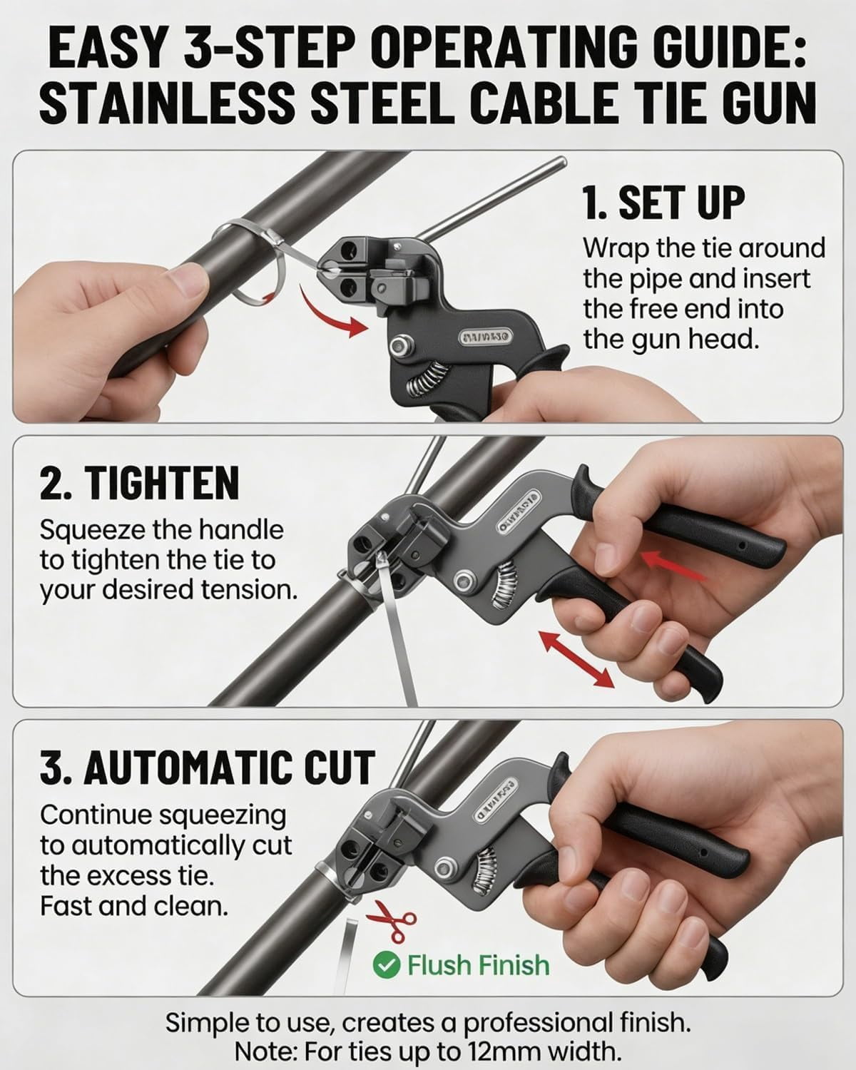 Stainless Steel Cable Tie Gun with Metal Zip Ties, with 150 Cable Ties, Professional Heavy Duty Tensioning & Cutting Tool, Adjustable Fastening Cutting Set, for Wire Fencing, Fence, Exhaust Pipe (E)