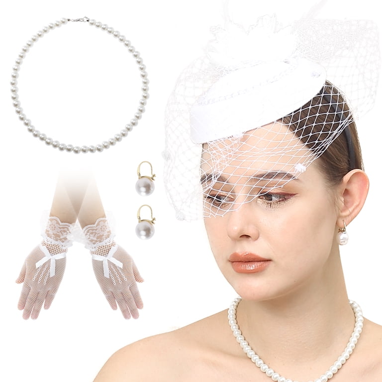 Fascinator Hat Set with Lace Gloves Pearl Necklace Earrings Feather Derby Hat Amazon.com: Mototo Tea Party Hat and Lace Gloves Set  main image 4