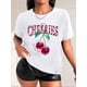 thumbnail image 1 of Camiseta informal de manga corta con cuello redondo para mujer, con estampado de cerezas y diamantes de imitación, de punto de algodón, con letras estampadas para primavera, verano y otoño., 1 of 7
