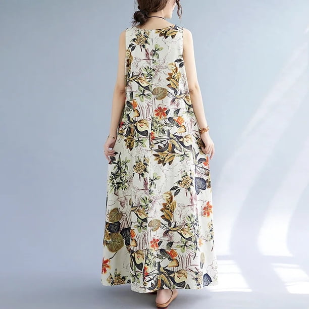 Plus Size Vintage Artistic Loose-Fit Cotton Linen Dress 2023 Spring Summer Plus Size Long Dress Tank Top Sleeveless Printed Robe