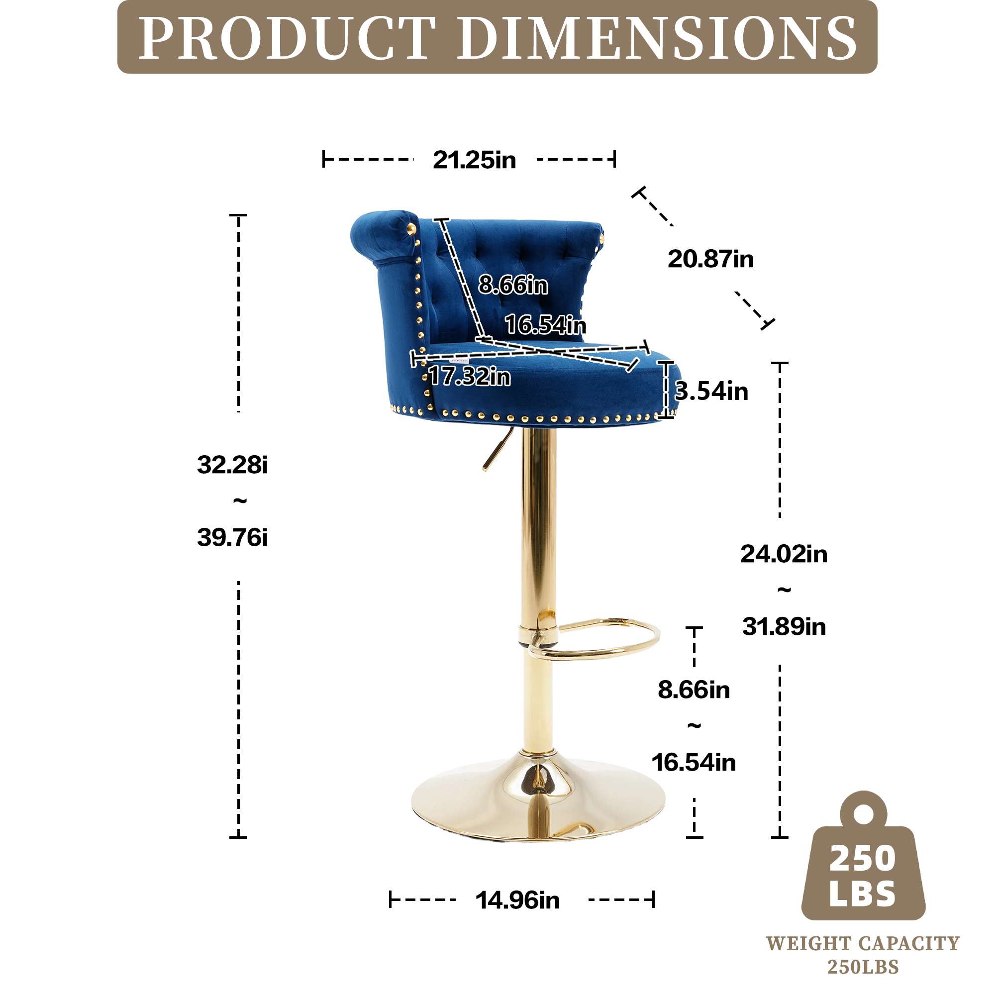 MOONMISS Velvet Tufted Nailheads Swivel Adjustable Height Bar Stools(set of 2)-NAVY