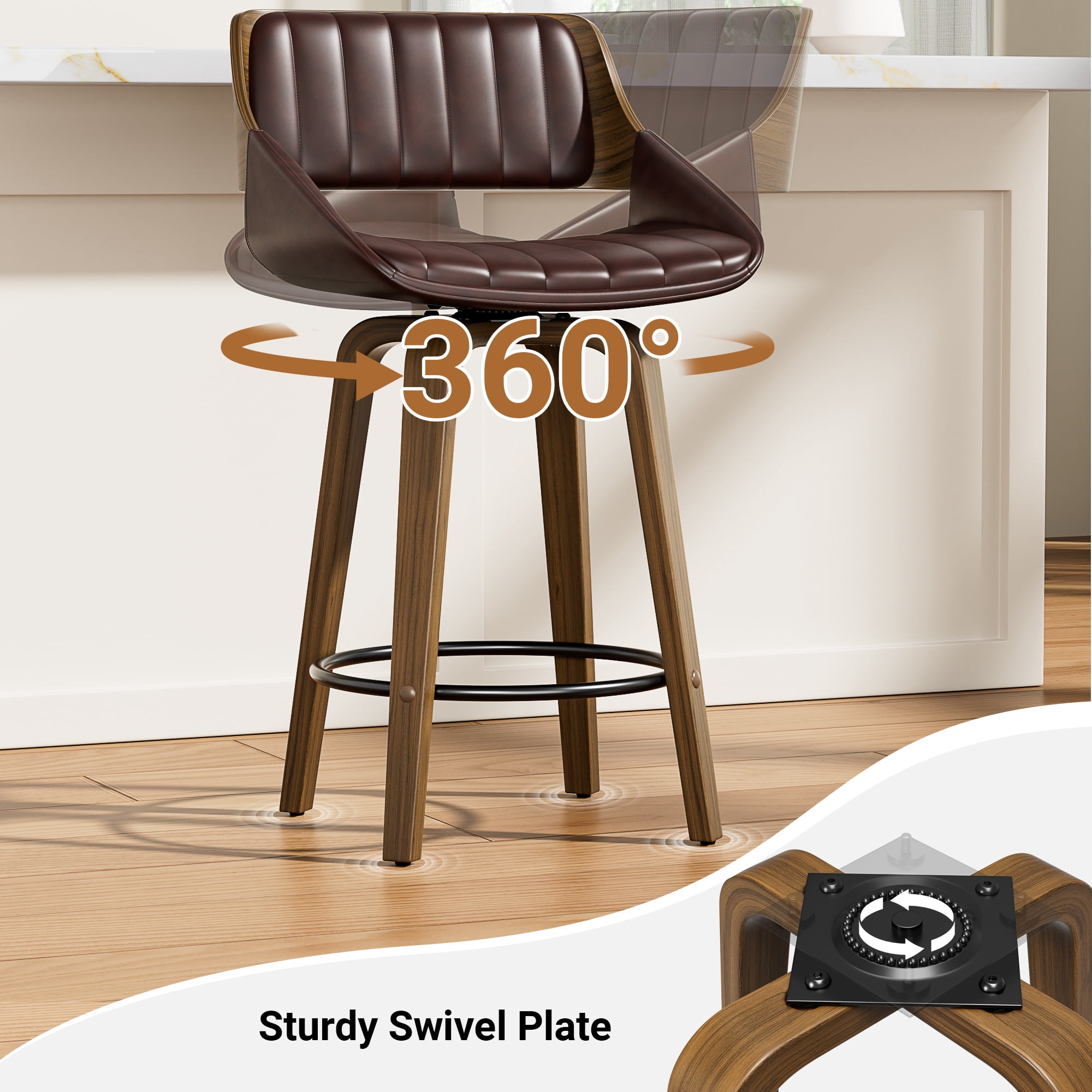 LainTene 26" Swivel Counter Height Bar Stool with Walnut Bentwood Frame, Faux Leather Seat & Footrest, Mid-Century Modern Chair for Kitchen Island, Bar, or Café (Set of 2)