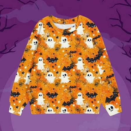 

Mode24 Halloween Sweatshirts for Kids Ghost Prints Crew Neck Long Sleeve Sweatshirts Pullover Fall Winter Trendy Tops Orange 5 Years