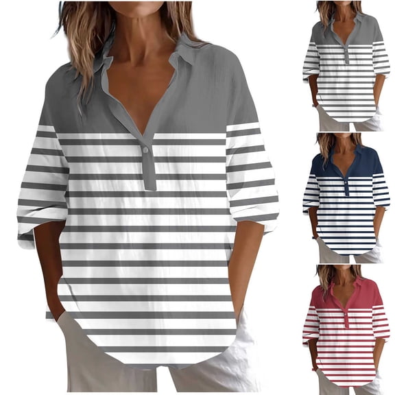 Olyvenn Womens Casual Button Up Shirt Linen 3/4 Sleeve V Neck Collared Tops Oversized Tunic Blouse Cute Print Work Shirt Fall Gray S