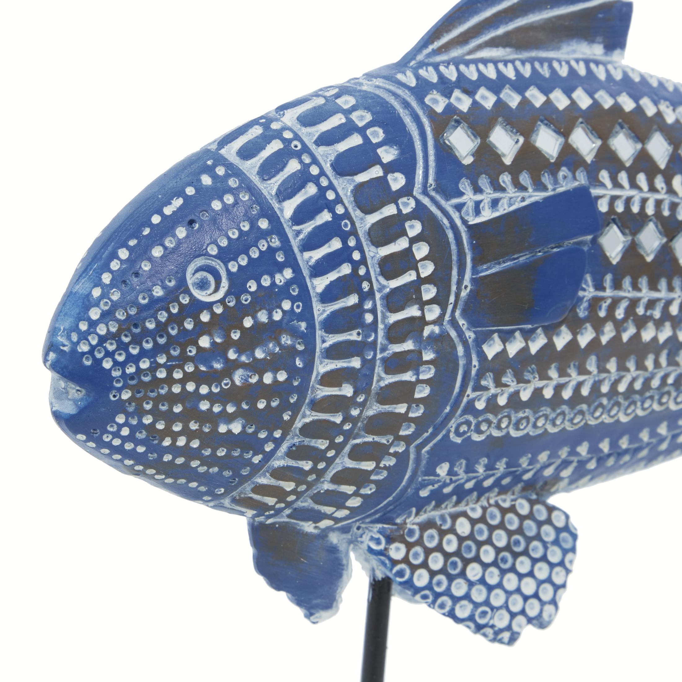 14", 10"H Blue Polystone Tribal Patterned Fish Sculpture with White Carvings and Mirrored Accents, by DecMode (2 Count)