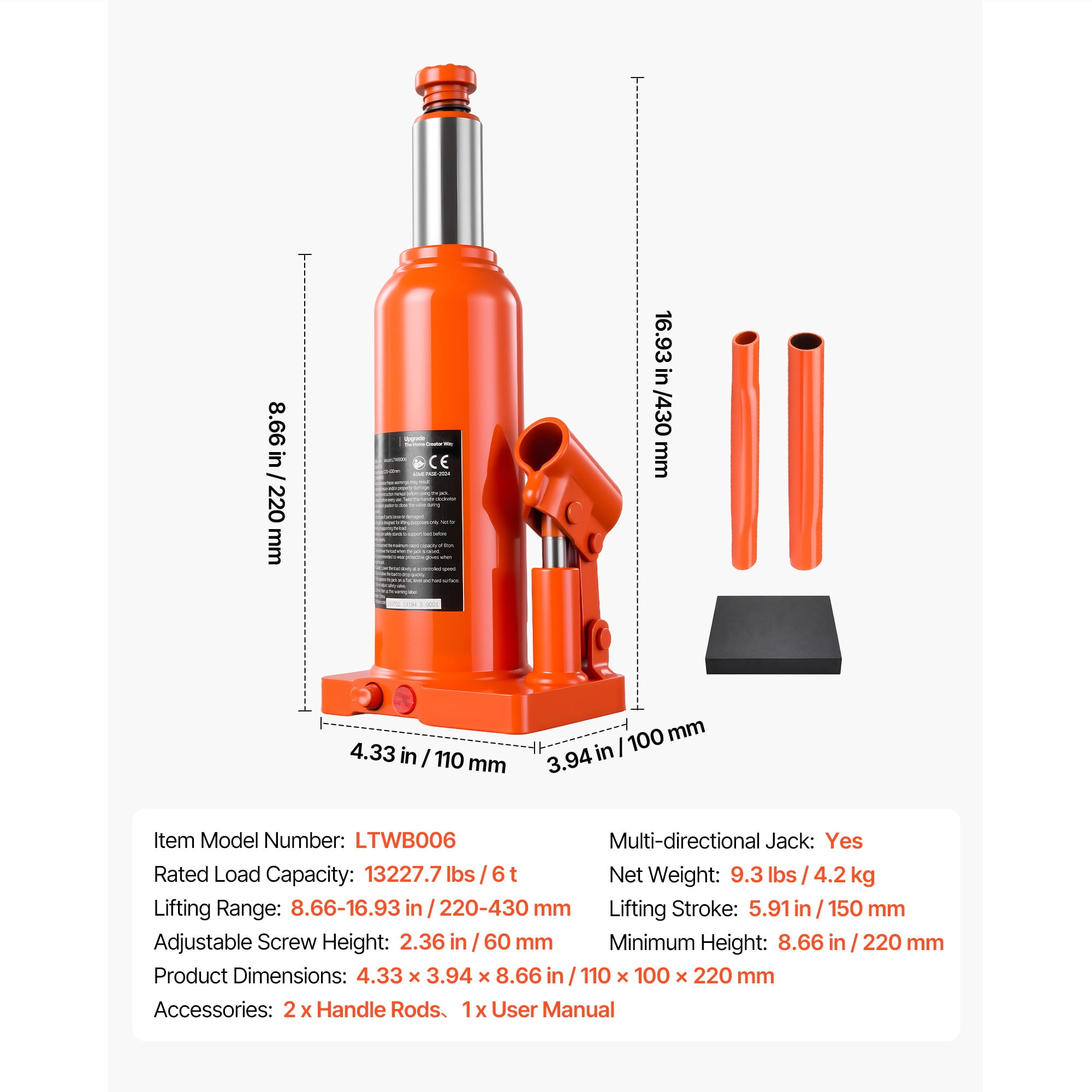 KFFKFF Hydraulic Bottle Jack 6 Ton (13227.7 lbs) 8.66"-16.93" Lifting Range, Suitable for SUVs, Light Trucks, Vans, and Auto Repair Applications, Durable Welded Design with Extended Handle