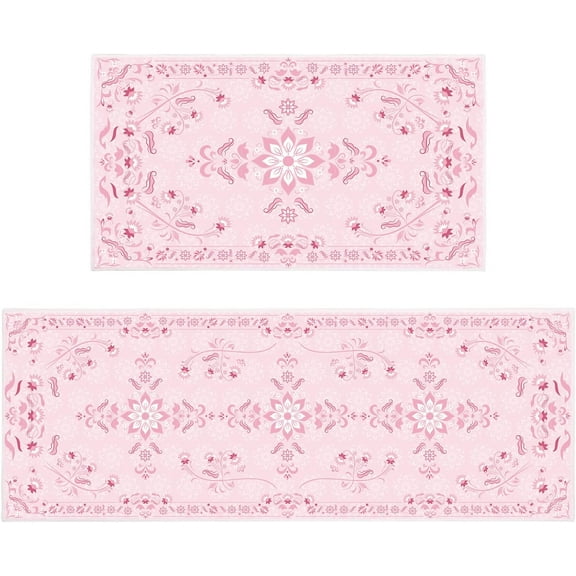 Kitchen Mats for Floor, 2 Piece Soft Absorbent Kitchen Rugs Set, Ethnic Vintage Velvet Kitchen Mat for Kitchen Floor, Washable Non Slip Rug for Kitchen, Laundry, 17 x 30 17 x 30 inch, Pink