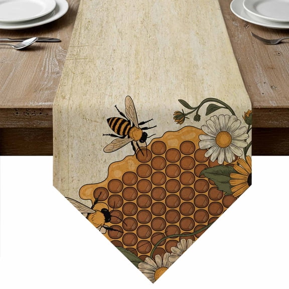 Vintage Bees Table Runner Linen Burlap Table Runner 72 Inches Long Daisy Floral Pastoral Retro Art Dresser Scarves for Kitchen Island Coffee Dining Room Party Wedding Banquet Holiday Decor 16"x72"