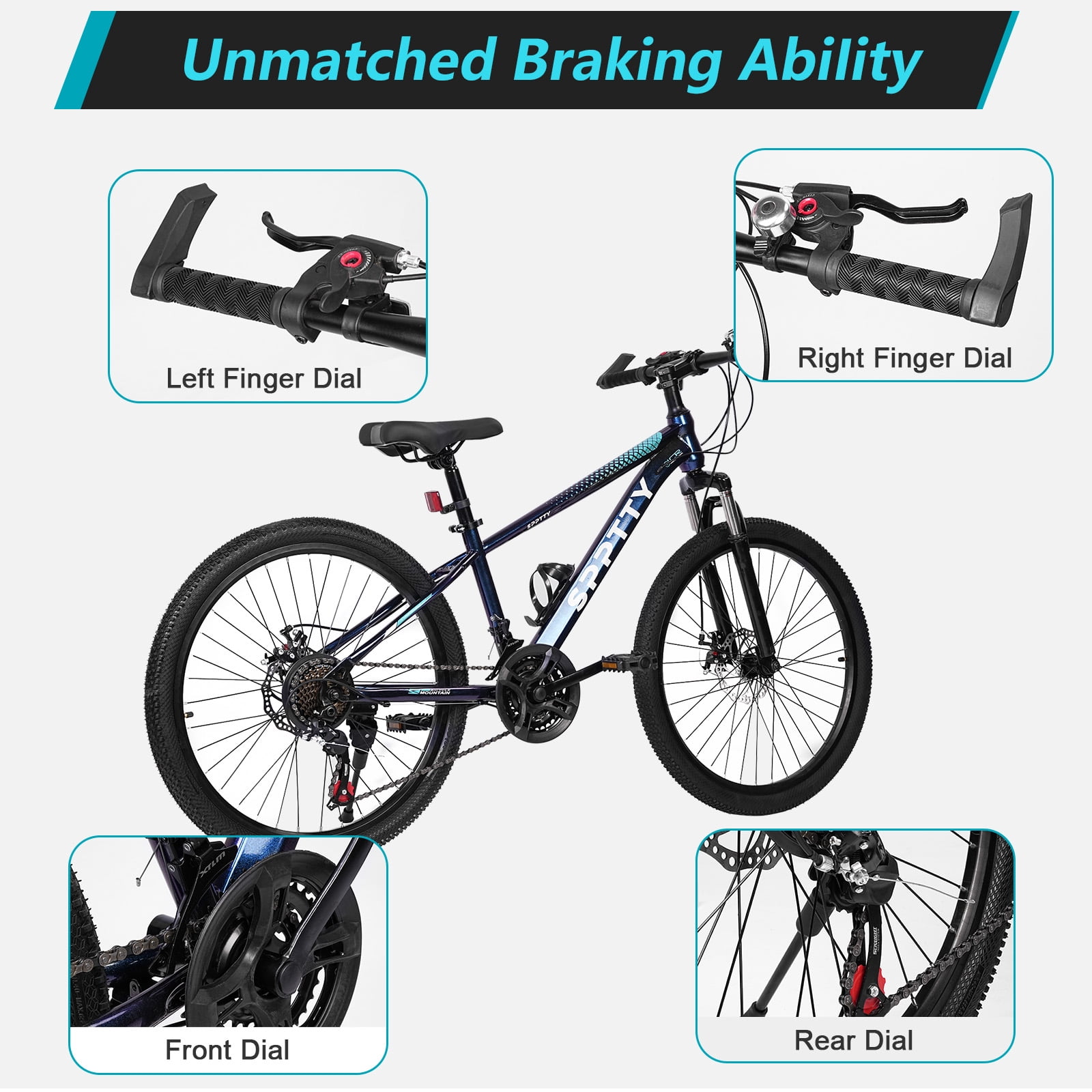 SPPTTY 21 Speed Mountain Bike,24 inch Bike for Men Women Boys Girls,Disc Brakes Dual Suspension