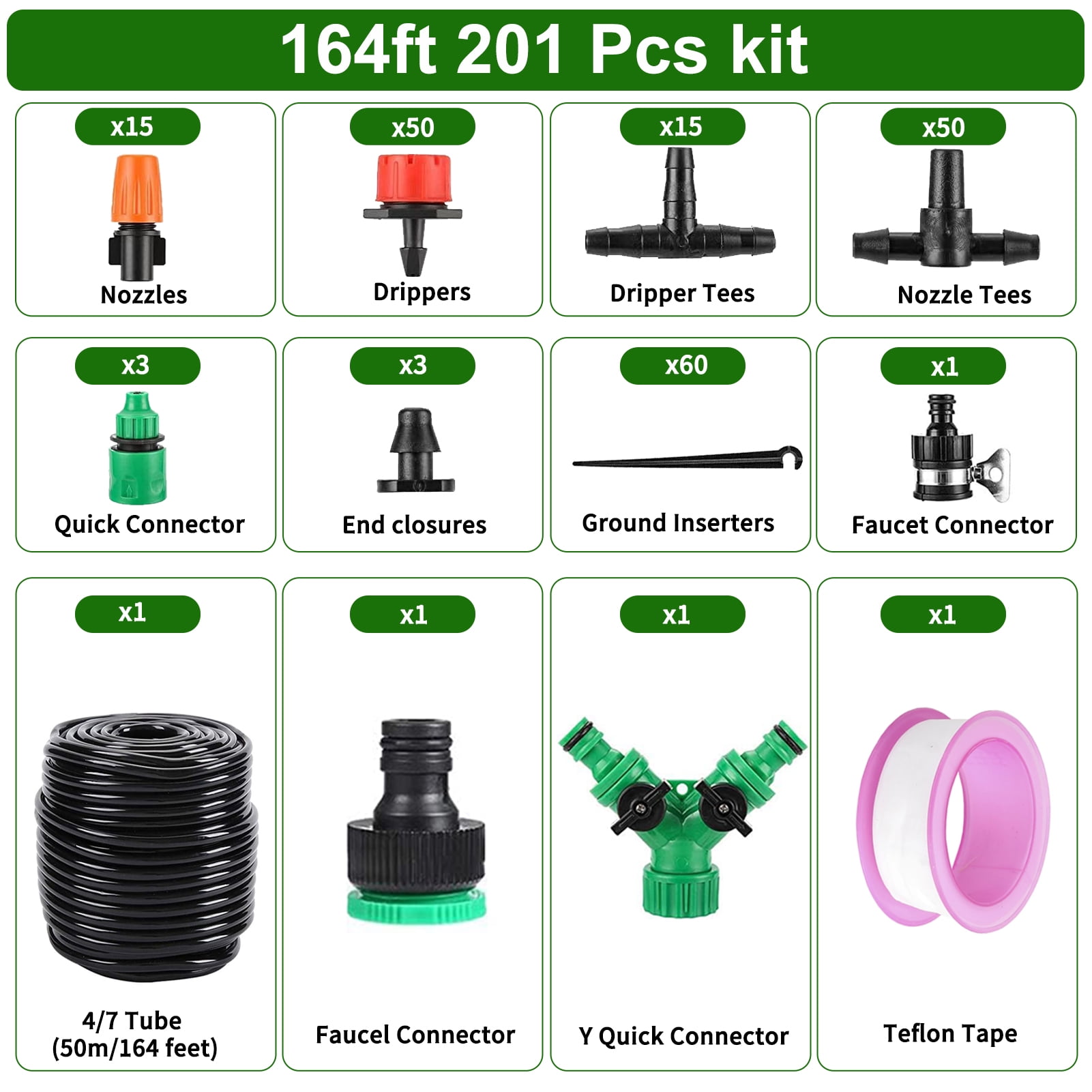 Remiawy Drip Irrigation System Kit, 164FT/50M Drip Irrigation Tubing 201PCS Garden Irrigation System, Automatic Micro Watering Misting System for for Garden, Greenhouse, Flower Bed, Patio, Lawn
