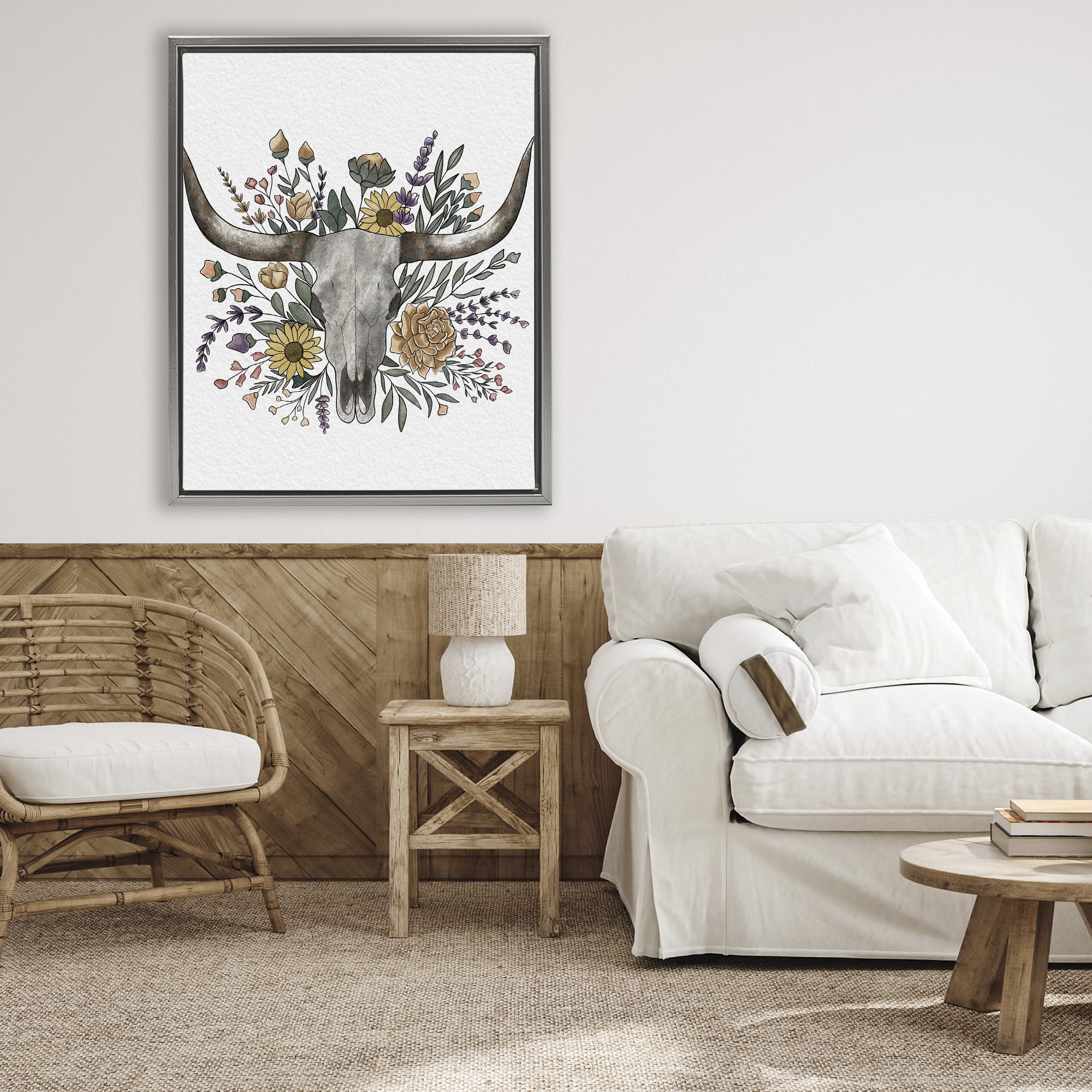 Stupell Industries Boho Wildflower Longhorn Gray Framed Floater Canvas Wall Art, design by Alisha Kiara Design