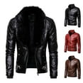 thumbnail image 5 of Chaqueta de cuero de motocicleta resistente al viento gruesa de algodón con remaches y cuello de piel desmontable estilo punk para hombre, 5 of 5
