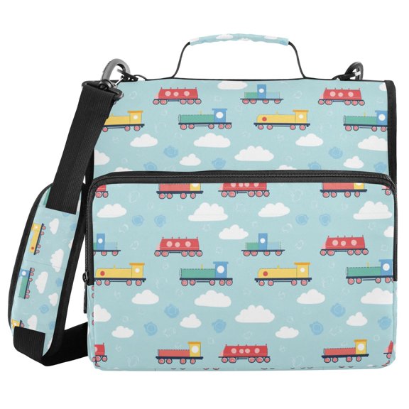 FORMRS Zipper Binder with Shoulder Strap 2-inch Ring 500 Sheet Capacity File Bag, Blue Trains Pattern