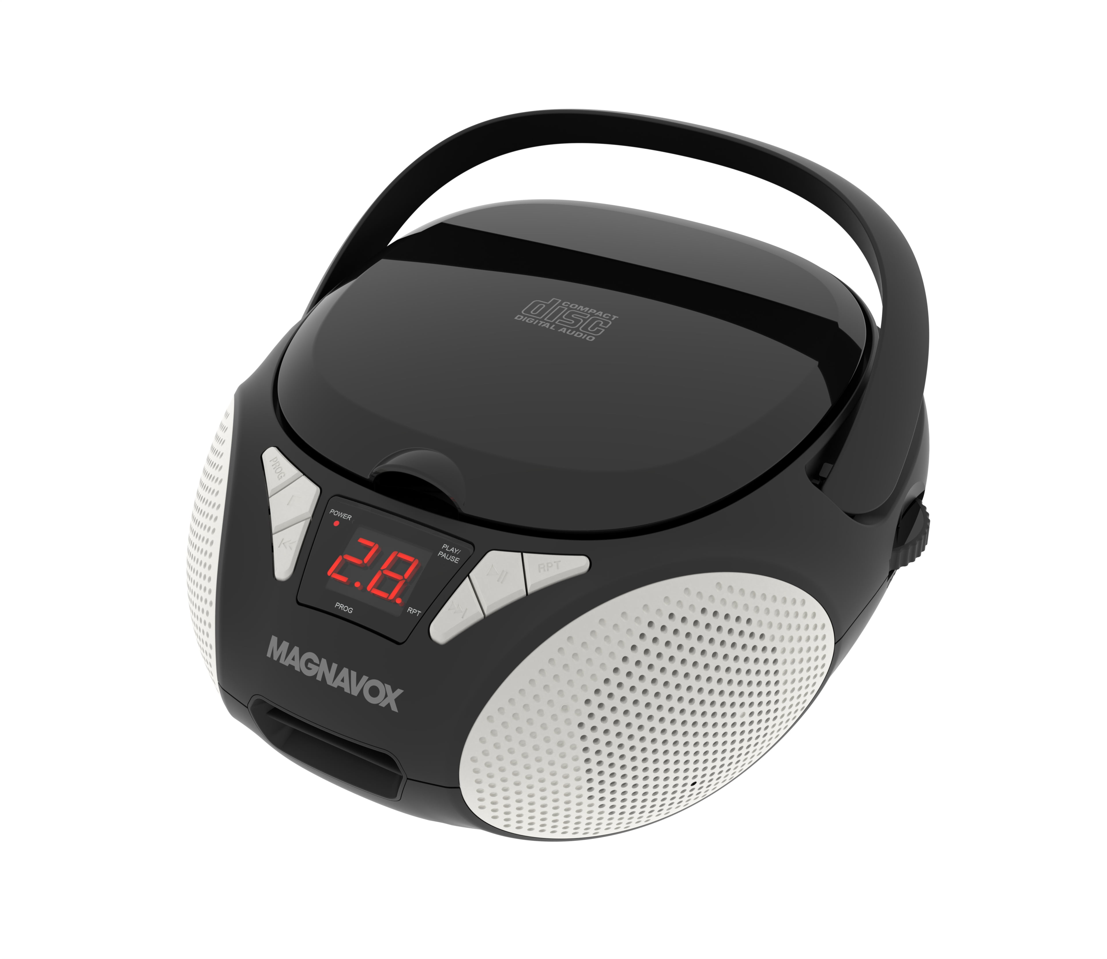 Magnavox Portable CD Boombox with FM Stereo Radio, Top-Loading CD Player, AUX Input, LED Display, AC/DC Power, Battery Operated Boombox, Black