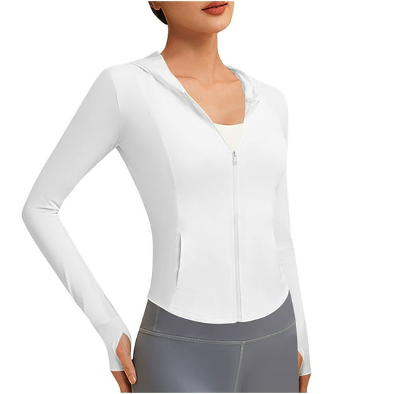 UAMVSH UPF 50 Sun Protection Hooded Jackets for Women Lightweight UV Resistant Zip up Shirts with Pockets Slim Fit Thumb Hole Hoodie(X-Large,White)