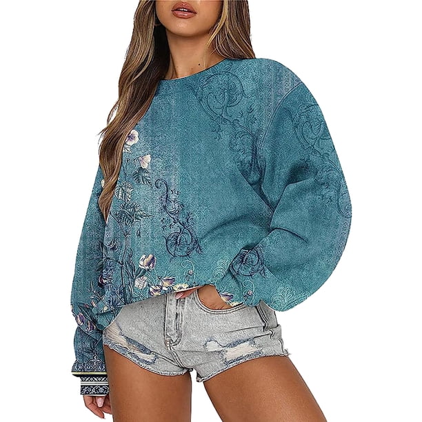 Gibobby Sudaderas para Mujer Sudaderas Camisa de Cuello Redondo Sólido de Manga Larga para Mujer atlético(Azul,CH)