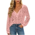 thumbnail image 5 of GERsome Long Sleeve Lace Shirts for Women Ruffled V-Neck Trendy Eyelet Tops for Summer Casual Pink L, 5 of 7