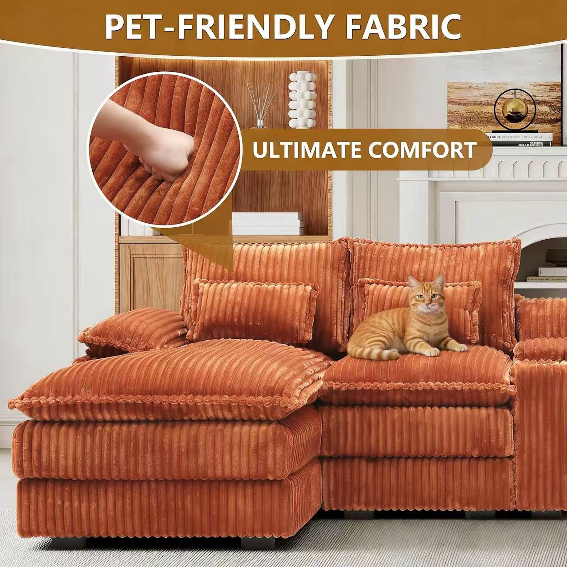 Aisword 124" U Shaped Cloud Couch Sectional with USB Charging, Hidden Storage, Cup Holders & Chenille Double Chaise, Orange