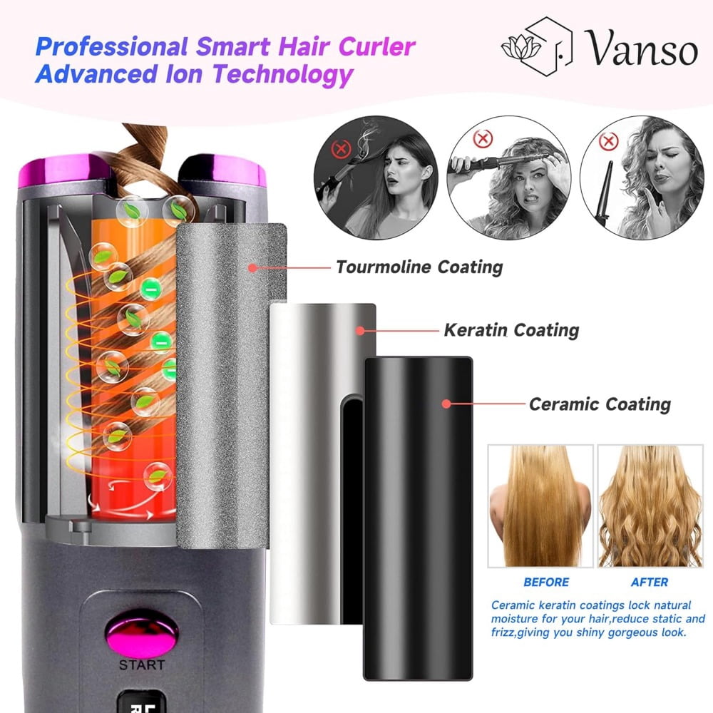 Cordless Automatic Curling Iron,Ceramic Auto Hair Curler with LCD Display 6 Temps & Timers,Portable USB Rechargeable Curling Iron Wand,Detangle & Scald-Free