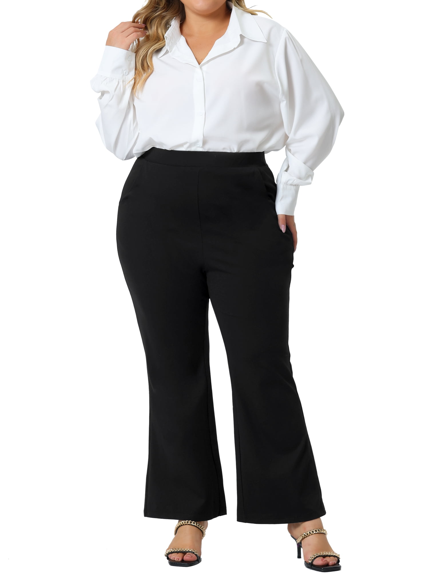 Unique Bargains Women's Plus Size Bell Flare Leg High Waist with Pockets Pants 2X Black