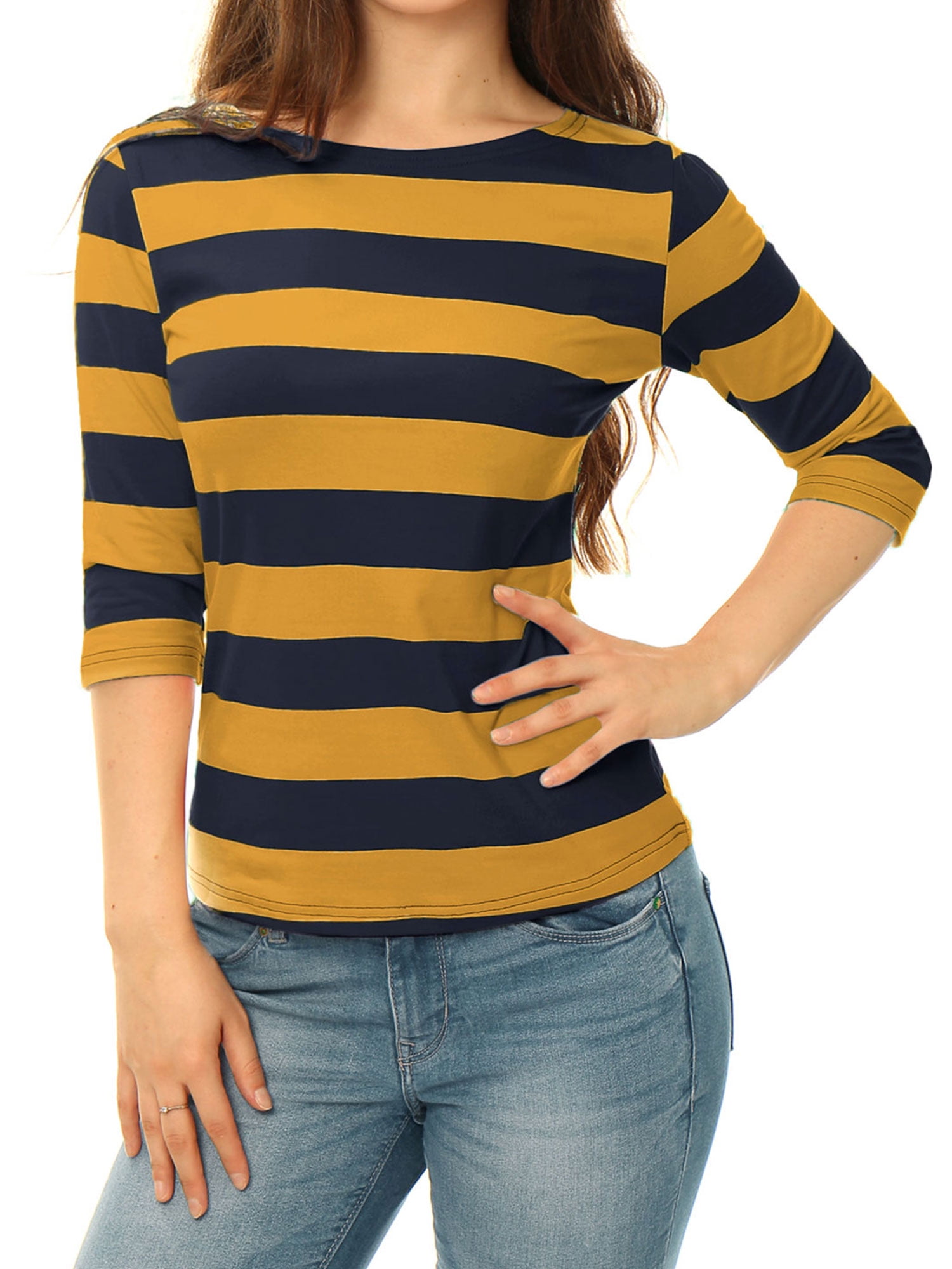 DARING DIVA Women's Halloween Costume Boat Neck Top T-Shirts M Mustard Navy