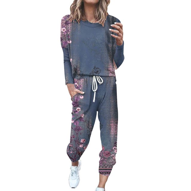 Gibobby Conjunto de Pantalones para Mujer Conjunto de pantalón y top de manga larga holgado informal con cuello redondo estampado para mujer(Azul,XL)