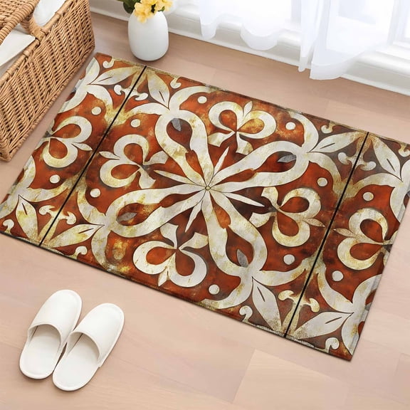 Burnt Orange Retro Bathroom Rug Washable 2x3 Entryway Rug Non Slip Ethnic Flowers Impressionist Art Front Door Mat Low Pile Indoor Doormat Throw Floor Carpet for Kitchen Bedroom Entrance