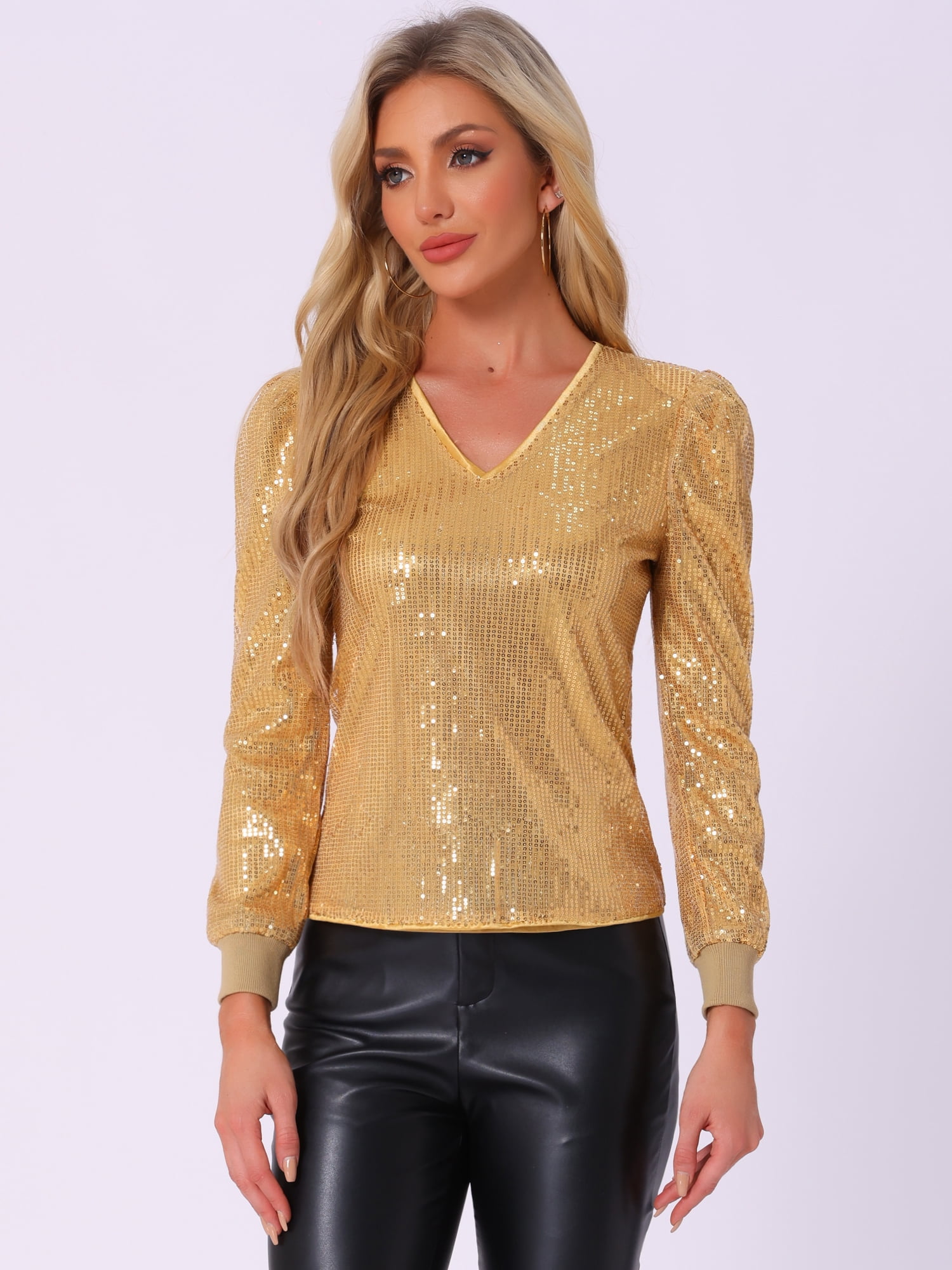DARING DIVA Women's Sparkly Sequin Top V Neck Blouse L Gold