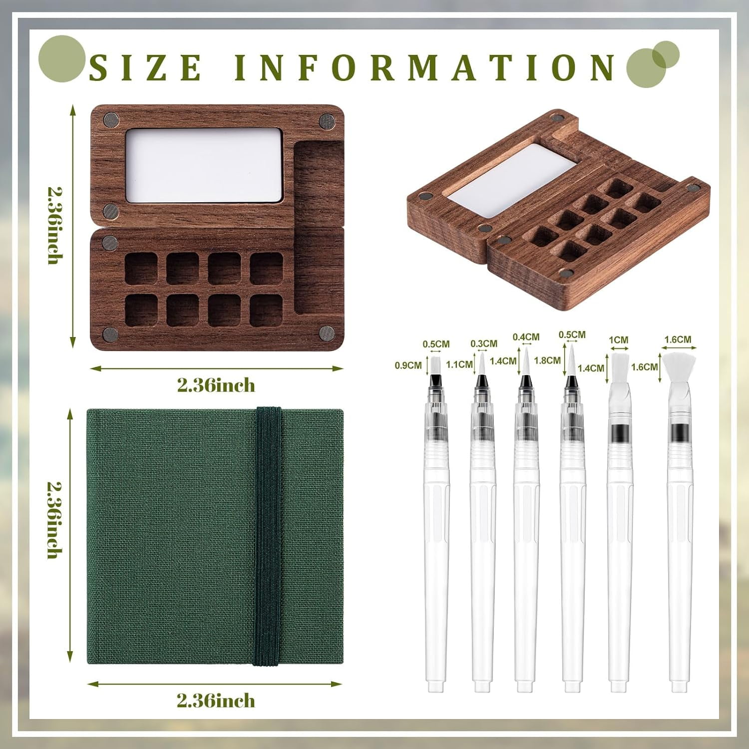Mini Portable Watercolor Set Wooden Grid Paint Box Watercolor Paper Sketch Book Brush Pens with Binder Clip for Painters Artist Not Include Paint(Pine Green)