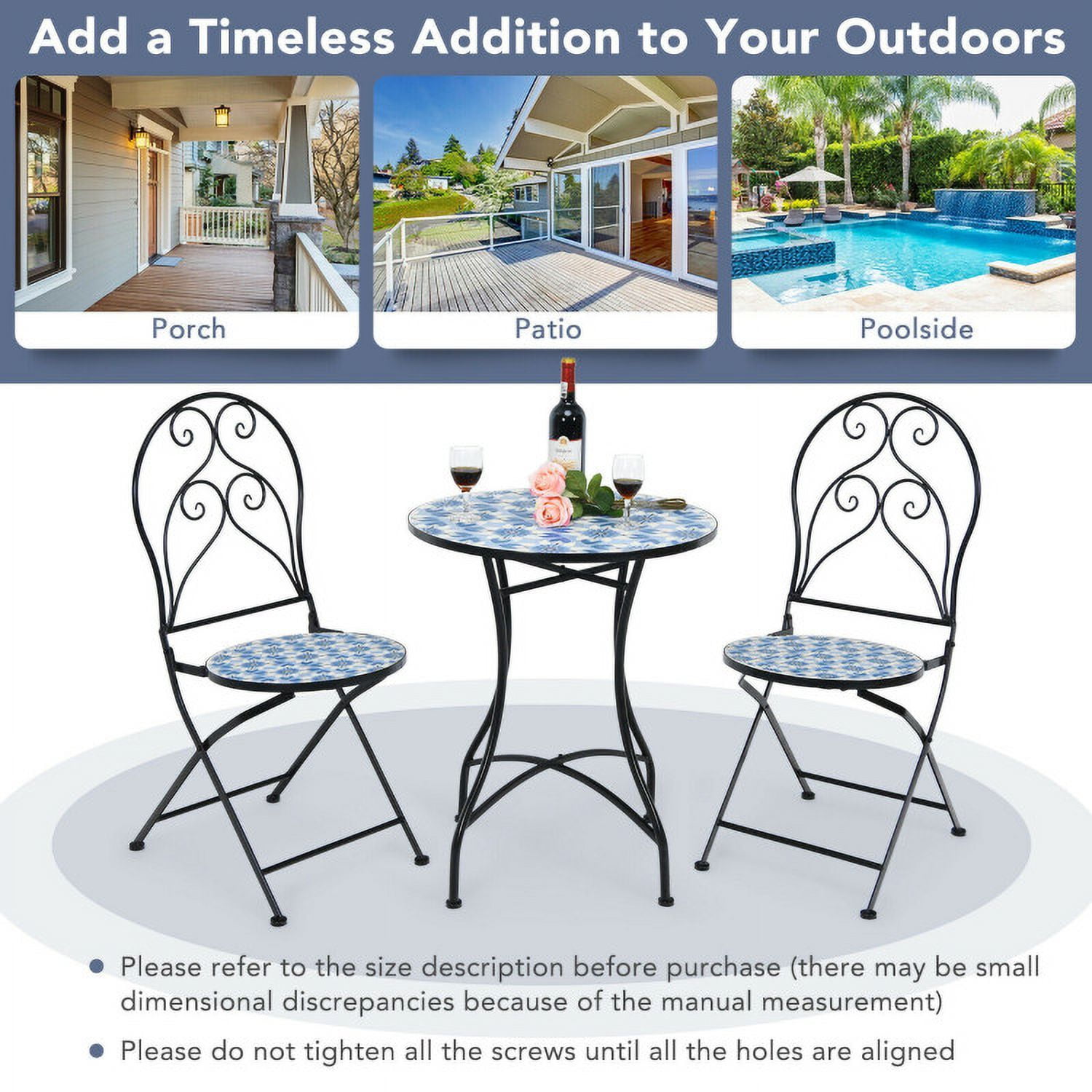 Aimee Lii 3 Pieces Patio Bistro Set with Folding Chairs and Round Table, Patio Conversation Sets, Blue