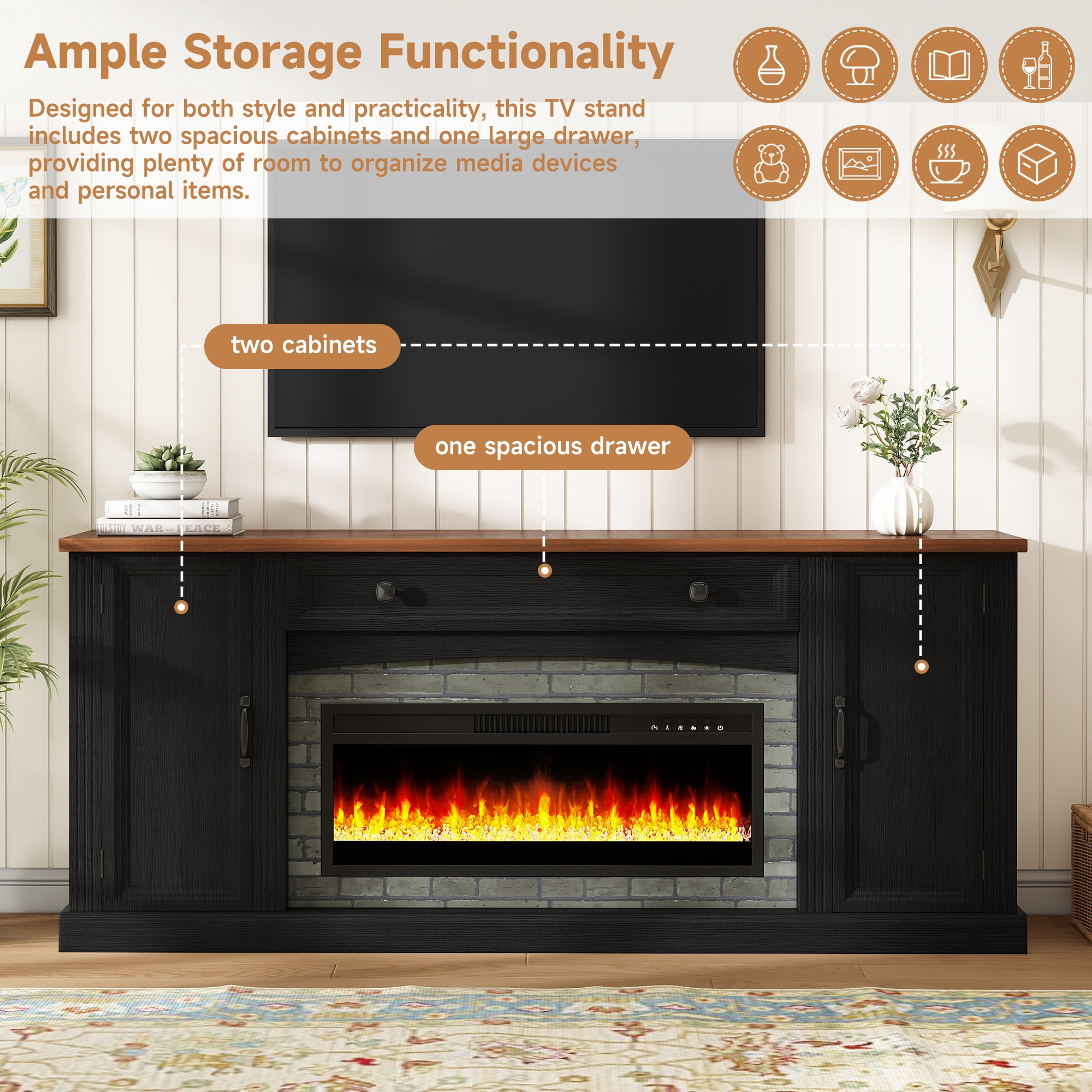 Mintazer Farmhouse Electric Fireplace TV Stand for TVs Up to 70", Entertainment Center with 2 Storage Cabinets & Large Drawer and Adjustable Shelves for Living Room, Black