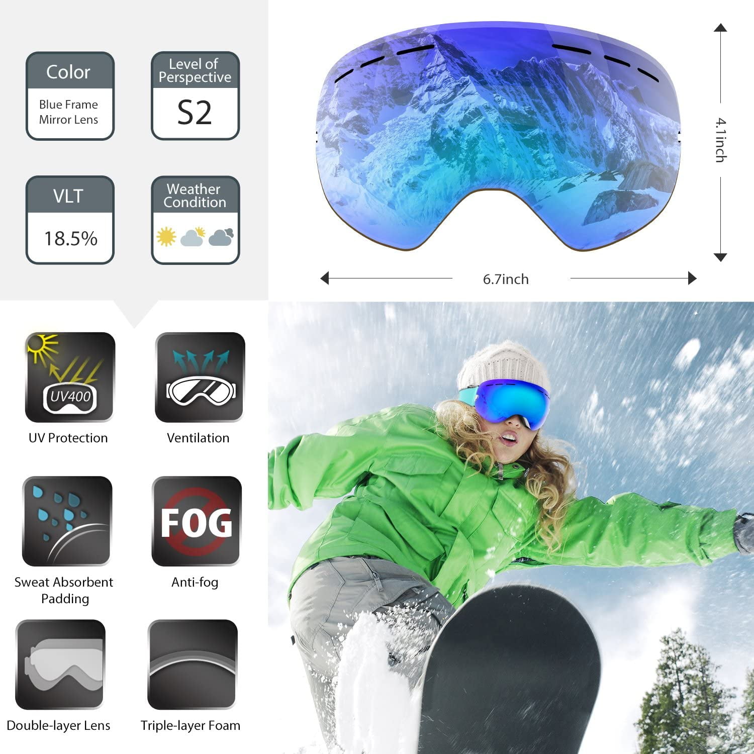 BOLLFO Lunettes De Soleil / Ski / Snowboard UV400 – Double écran Amovible – Blanc/Noir