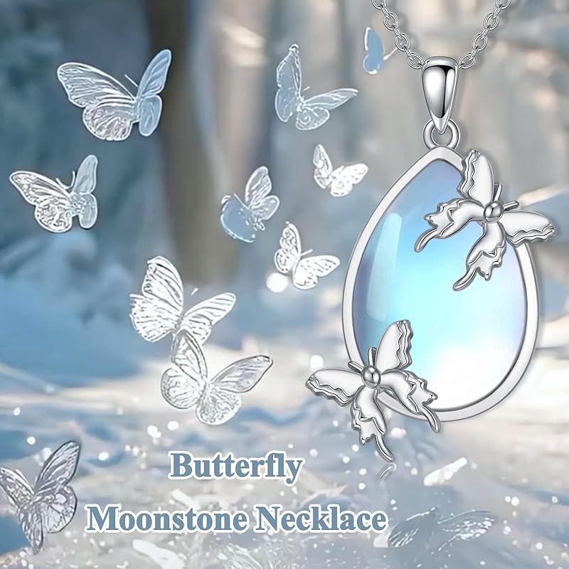 SISGEM Natural Moonstone Butterfly Pendant Necklace for Women 925 Sterling Silver Moonstone Gemstone Jewelry for Her