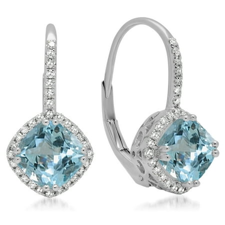 Aquamarine Hoop Earring - Dazzlingrock Collection 18K 6 MM Each Cushion Aquamarine & Round Diamond Ladies Halo Style Hoop Earrings, White Gold
