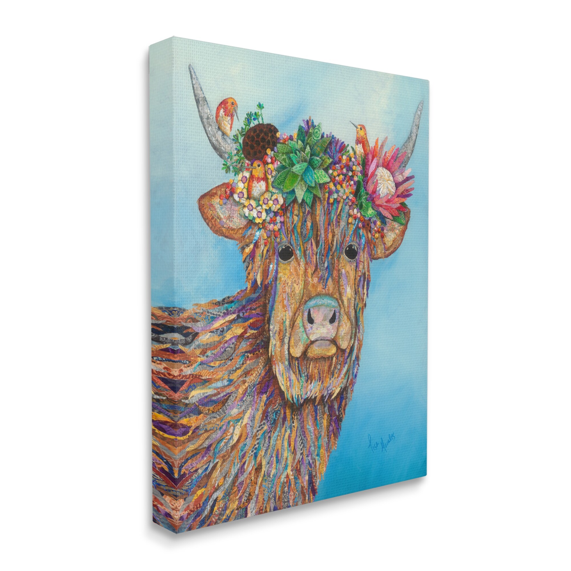 Stupell Industries Bella Cow Cattle Floral Blossom Crown Collaged Painting Painting Gallery Wrapped Canvas Print Wall Art, Design by Lisa Morales