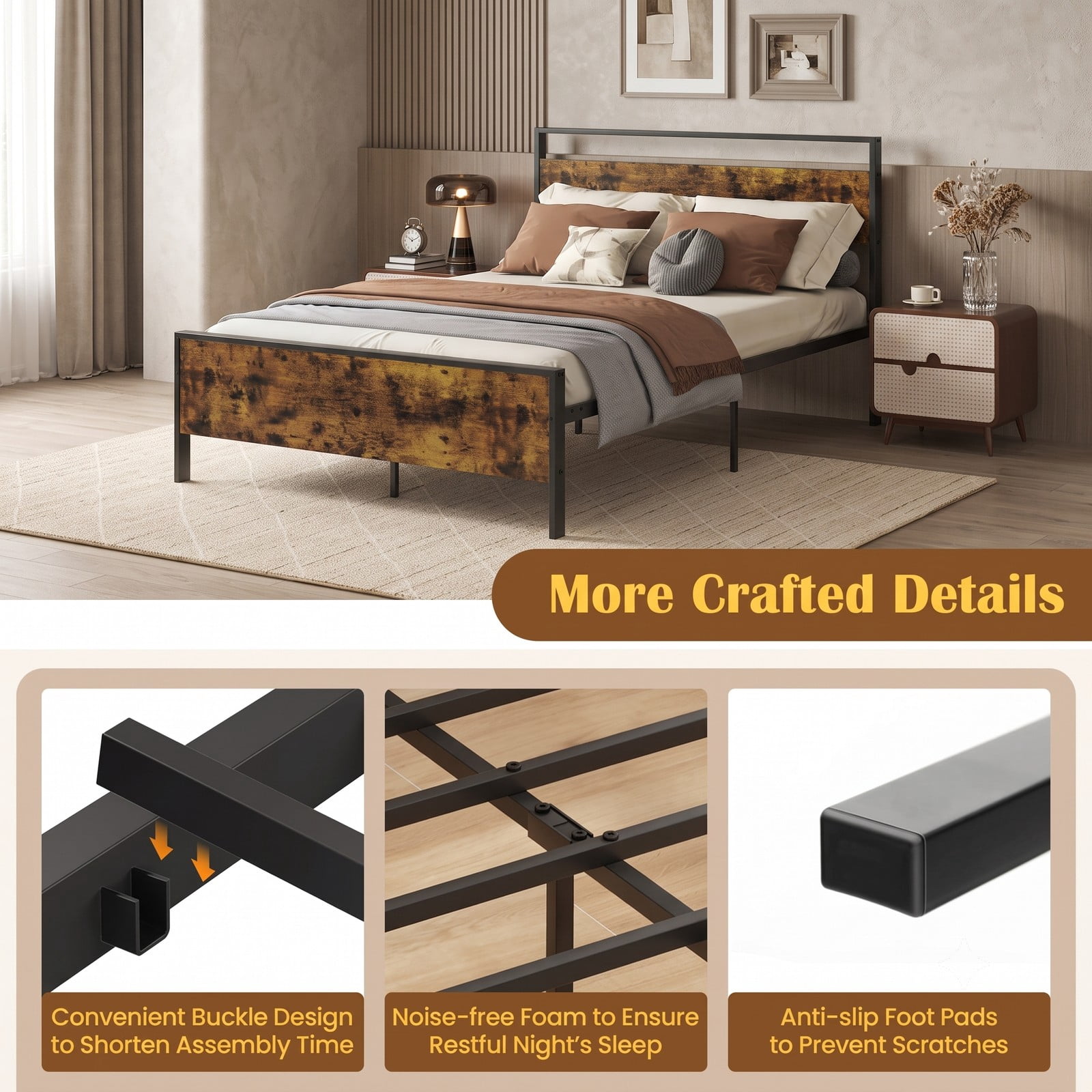 Furnibear Full Size Bed Frame, Metal Platform Bed Frame with Wooden Headboard, Full Bed Frame with Under Bed Storage for Bedroom, Rustic Brown