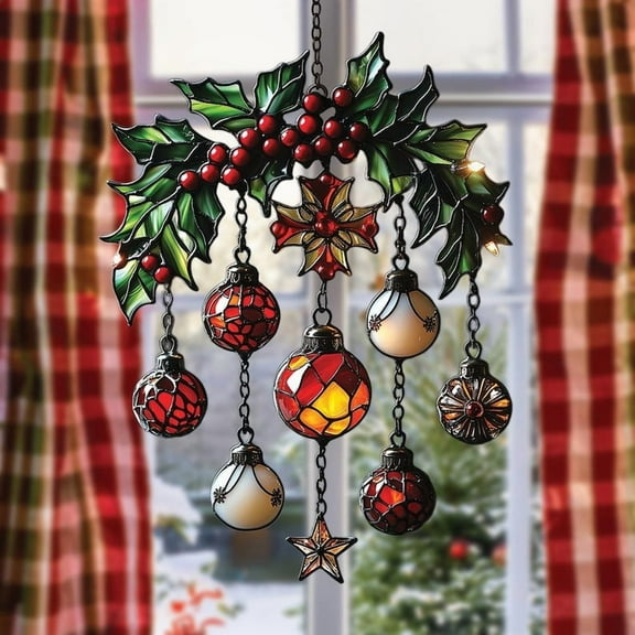 Holly Berry Christmas Acrylic Window Hanging, Festive Bauble & Star Faux Stained Glass Suncatcher, Winter Holiday Gift