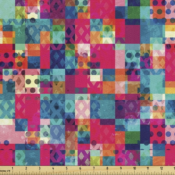 Modern Art Fabric by the Yard, Abstract Motif with Dots with Squares and Chevron Lines Urban Art Design Print, Upholstery Fabric for Dining Chairs Home Decor Accents, 1 Yard, Multicolor by Ambesonne