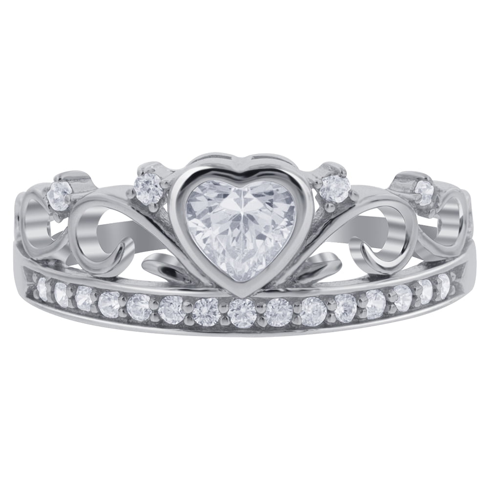 Princess Kylie Clear Cubic Zirconia Crown Shaped Designer Ring Rhodium Plated Sterling Silver