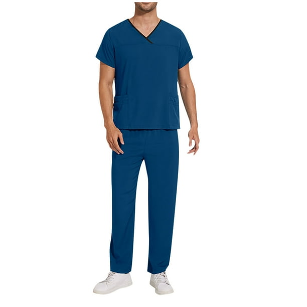 Penkiiy Scrubs Set para hombres, Classic V-Neck Stretch Top& Pantalones rectos Yoga Waistband 2XL Navy