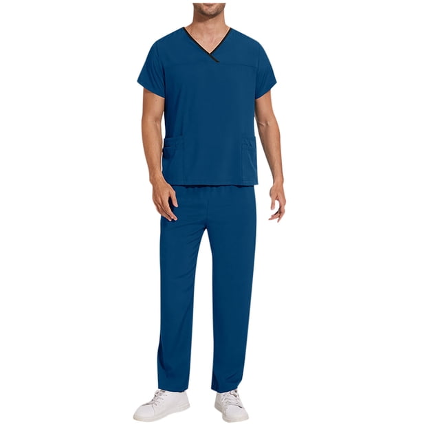 Penkiiy Scrubs Set para hombres, Classic V-Neck Stretch Top& Pantalones rectos Yoga Waistband 2XL Navy