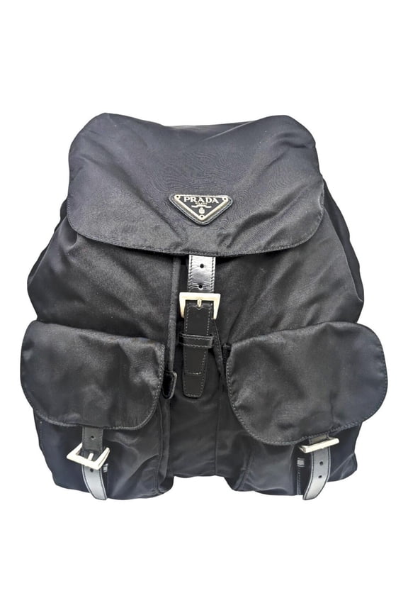 Pre-Owned PRADA Prada nylon backpack, black, with triangular plate, for men and women. (Good)