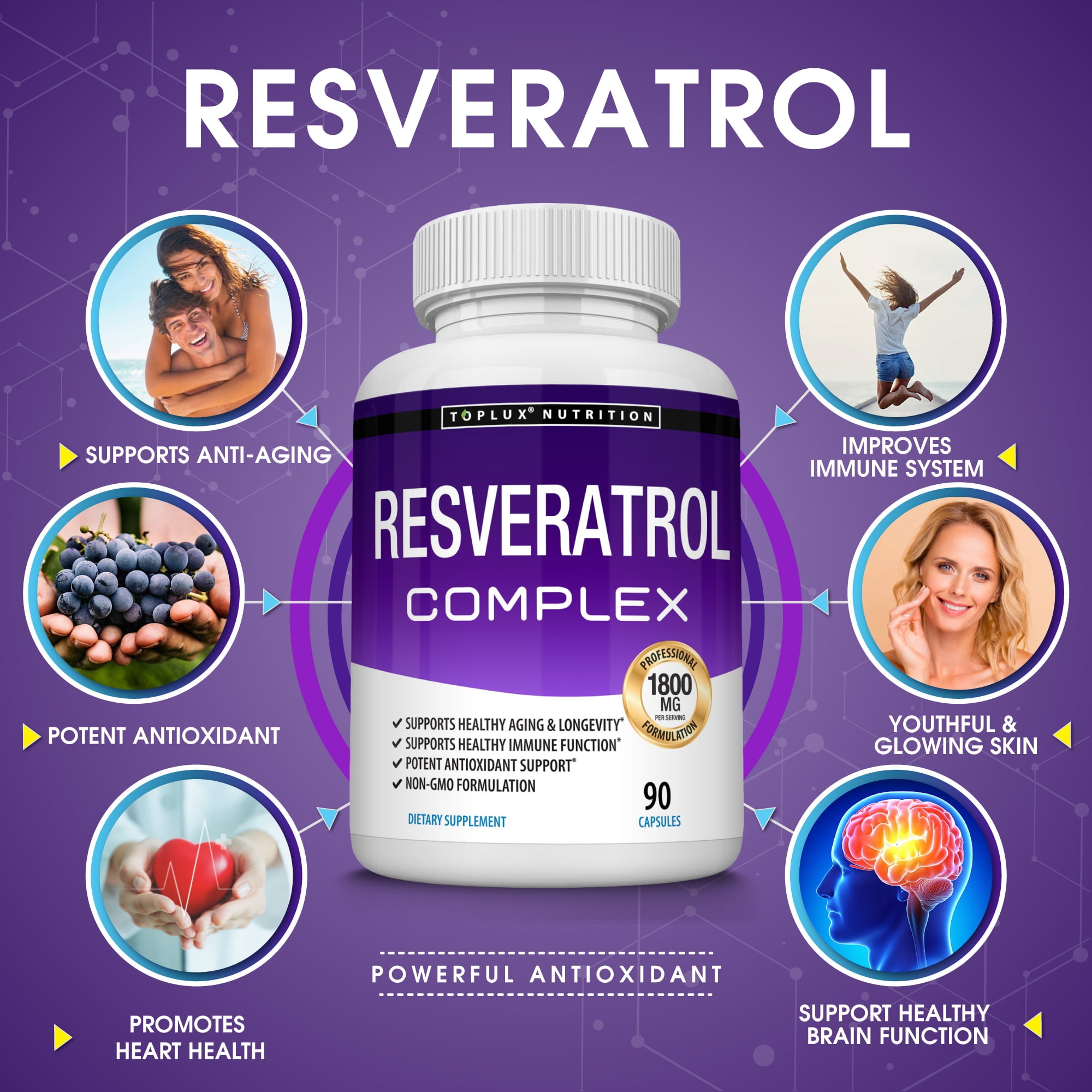 Toplux Resveratrol Supplement 1800mg Trans-Resveratrol for Antioxidant Anti-Aging Support 90 Capsules