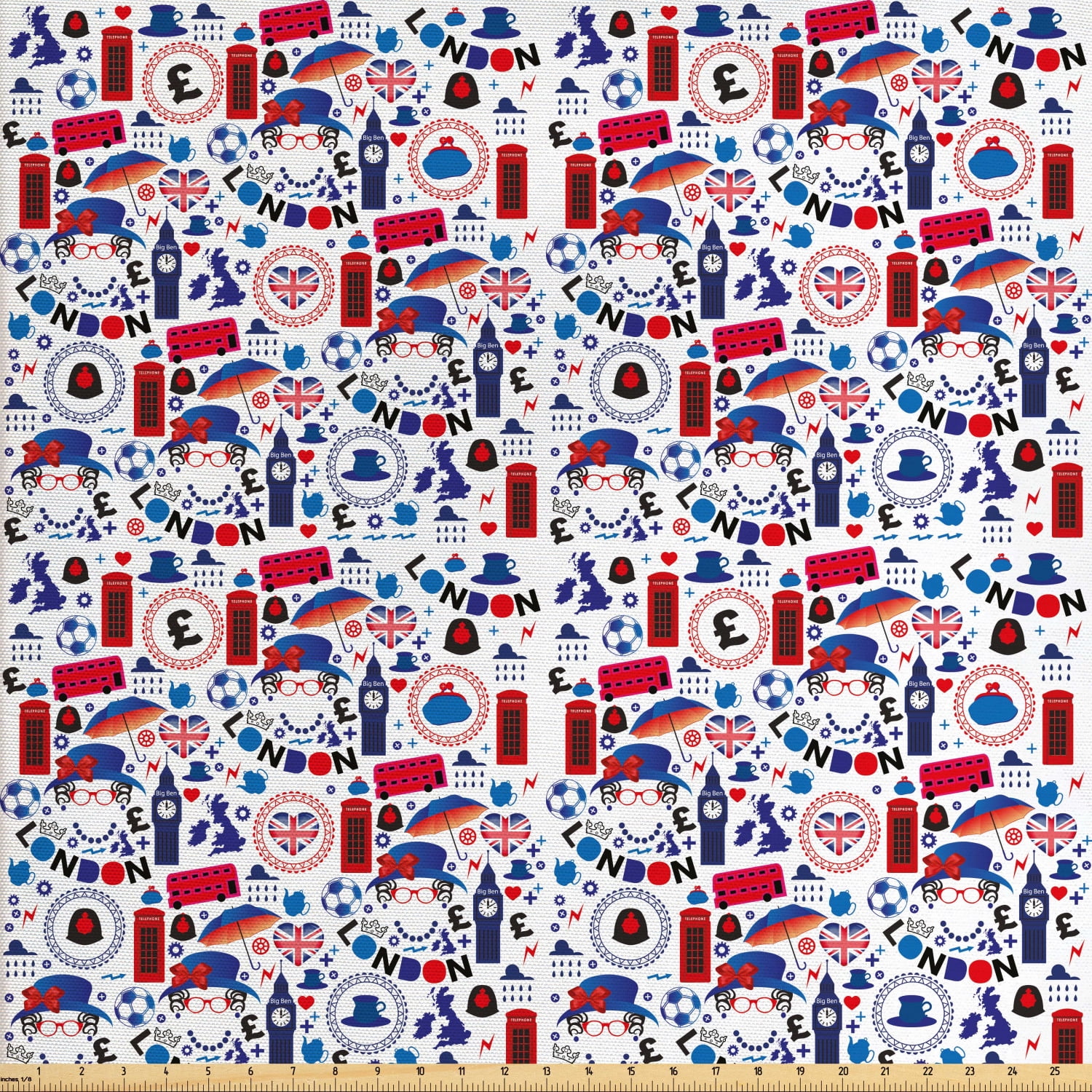 London Fabric by The Yard, Pattern with London Queen Elizabeth Umbrella Tea Party Map Travel