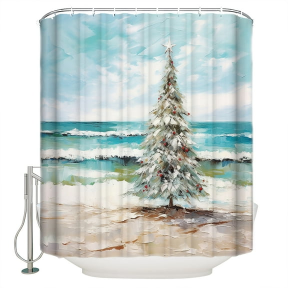 Hokiten Shower Curtain, Coastal Christmas Tree Fabric Shower Curtains for Bathroom, Modern Oil Painting Beach Xmas Tree Bath Curtain Waterproof Bathtub Curtains with 12 Hooks, 48" x 72"