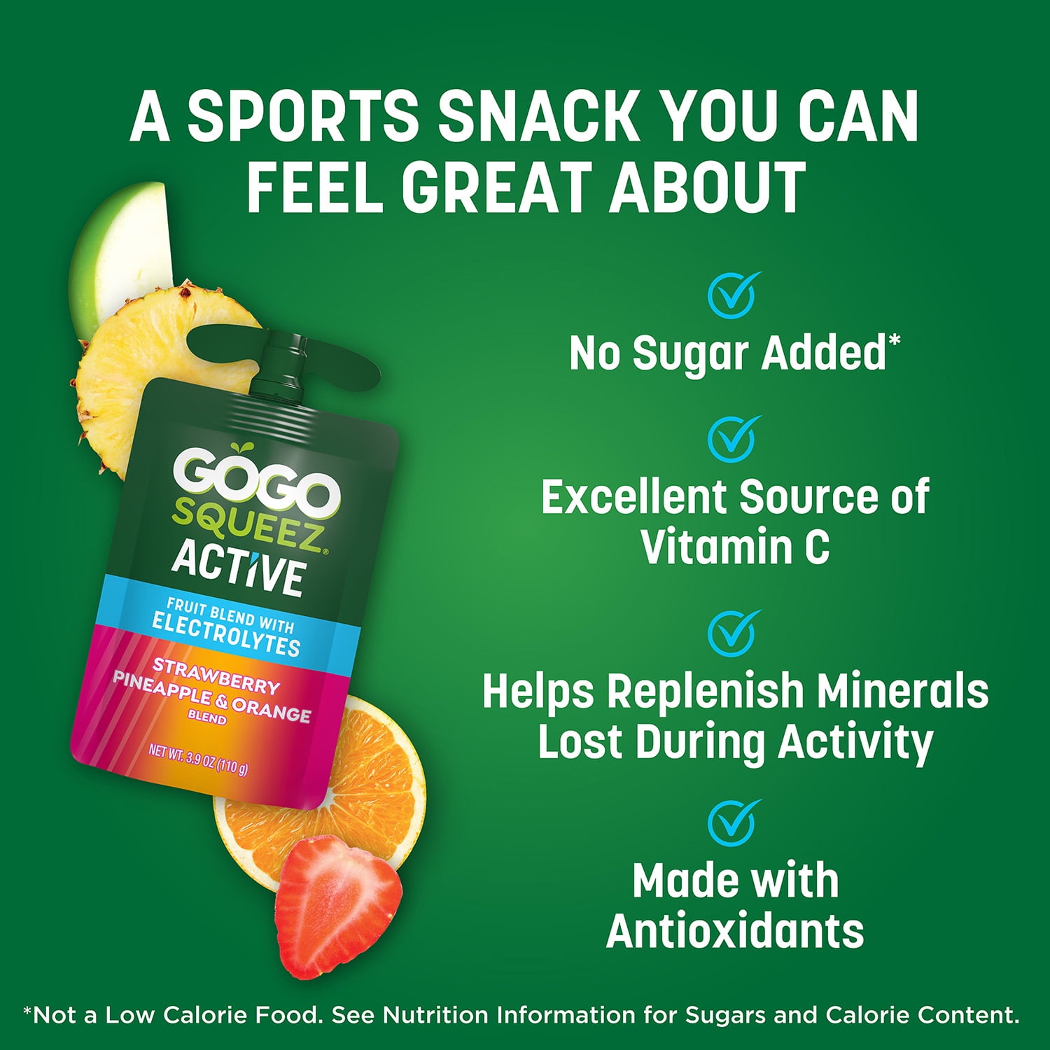 GoGo squeeZ Active Fruit Blend with Electrolytes, Strawberry Pineapple Orange, 3.9 oz/10ct