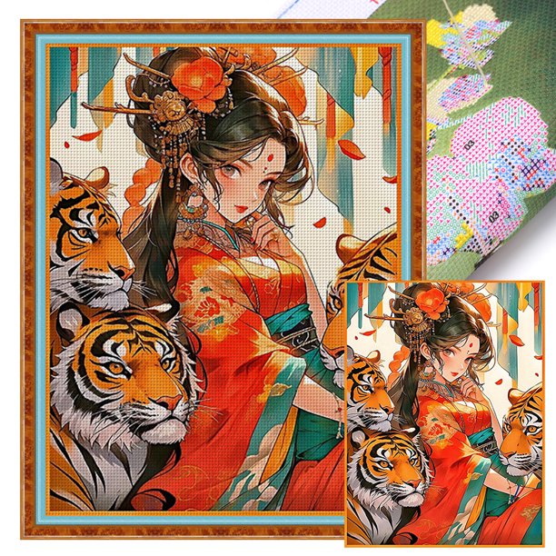 (11CTACC-6202__C__50X65) Hilo algodón ecológico bordado 11CT 3 hebras impresión 50*65cm kit serie personajes punto cruz tigre y niña
