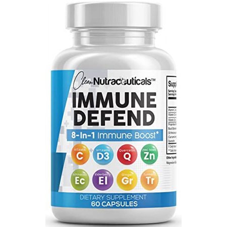 Clean Nutraceuticals Immune Defense Support Supplement 8 in 1 with Zinc Quercetin VIT C Vitamin D3 5000 IU Elderberry Ginger - Immunity System Booster for Adults Vegan - 60 Count