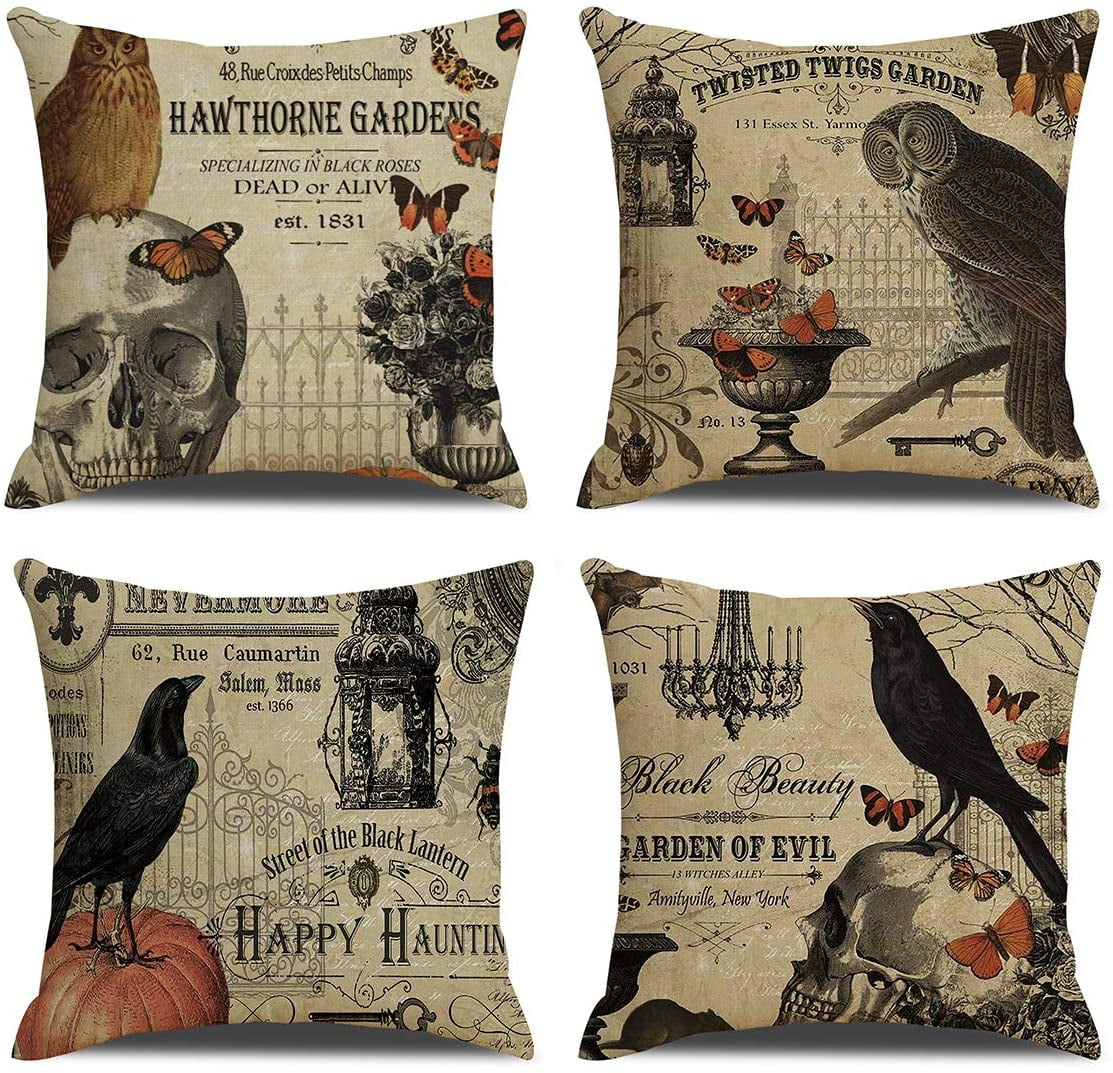 Halloween Cotton Linen Pillow Case Vintage Owl Crow Pumpkin Skull Style  A